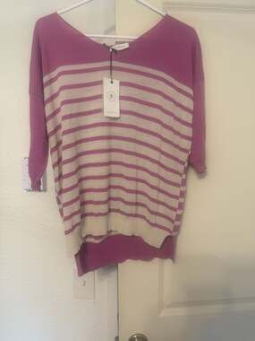 Calatura Pink and Cream Striped Short Sleeve Lightweight Sweater Top